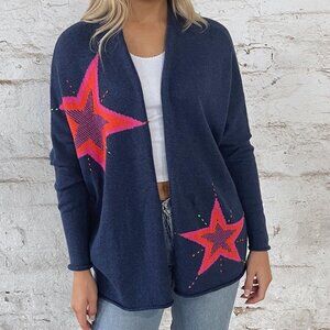 Zaket & Plover Super-Star Navy with Pink Star Open Front Knit Cardigan Size XS/S